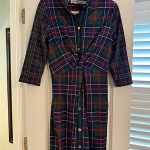 Gretchen Scott Designs Navy and Green Plaid Long Sleeve Dress